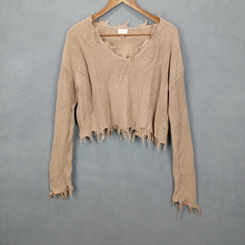 Lelis Collection Belly Sweater‎ Women Small Tan Distressed Crop Knit Long Sleeve